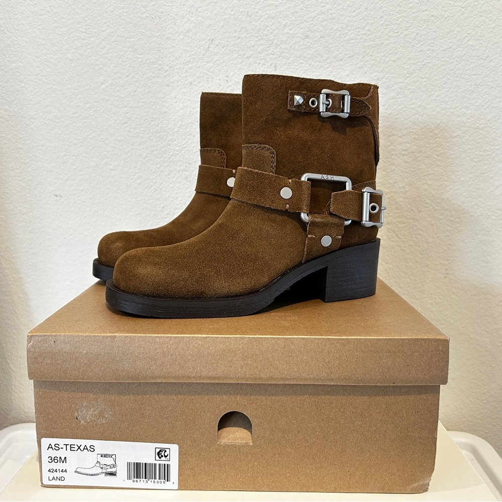 ASH Texas Buckled Suede Bootie - Land, Size 36, New in Box